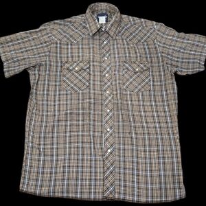 Wrangler Western Shirt, Men's Lightweight Short Sleeve Brown Plaid w/ Pearl Snap